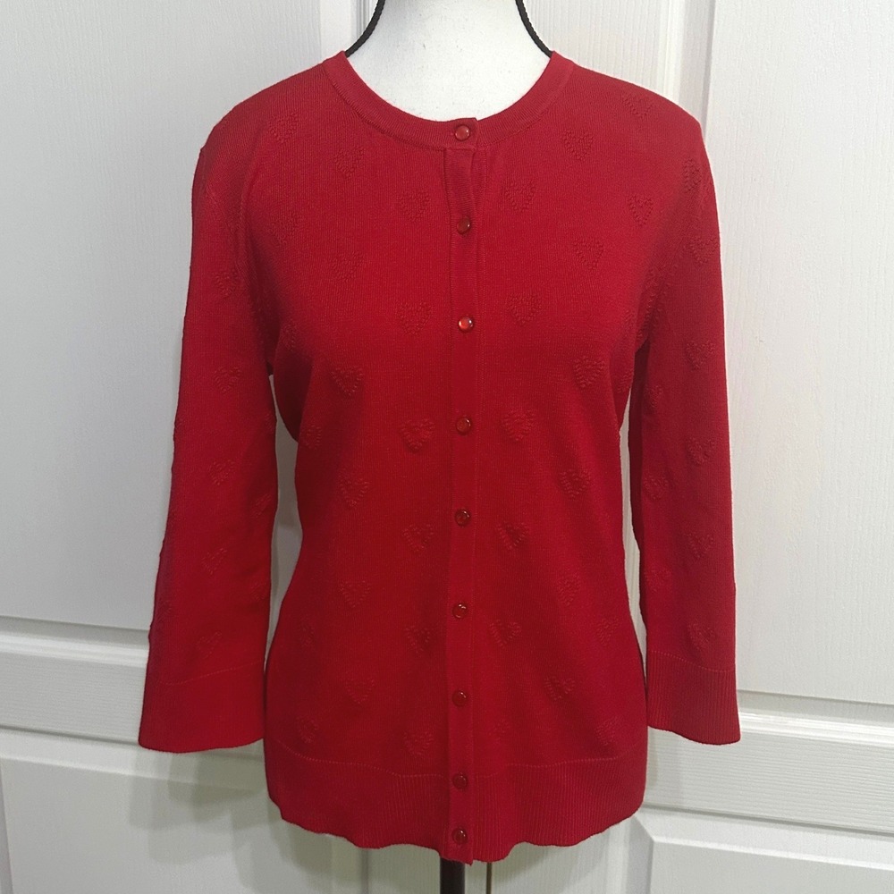 Cable & Gauge Cardigan Sweater Button Front M Red Heart Embossed Preppy Office - Picture 9 of 10